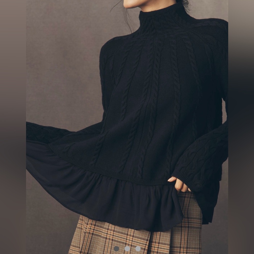 NWT Anthropologie Mock-Neck Sheer Mixed Media Sweater SIZE XXS Color: Black